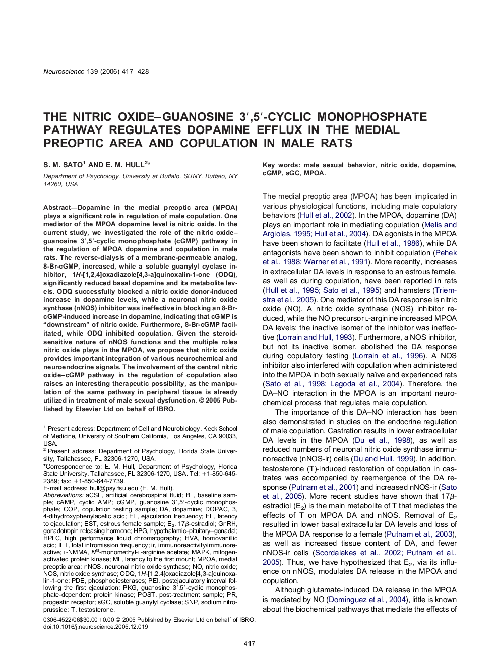 The nitric oxide–guanosine 3′,5′-cyclic monophosphate pathway regulates dopamine efflux in the medial preoptic area and copulation in male rats