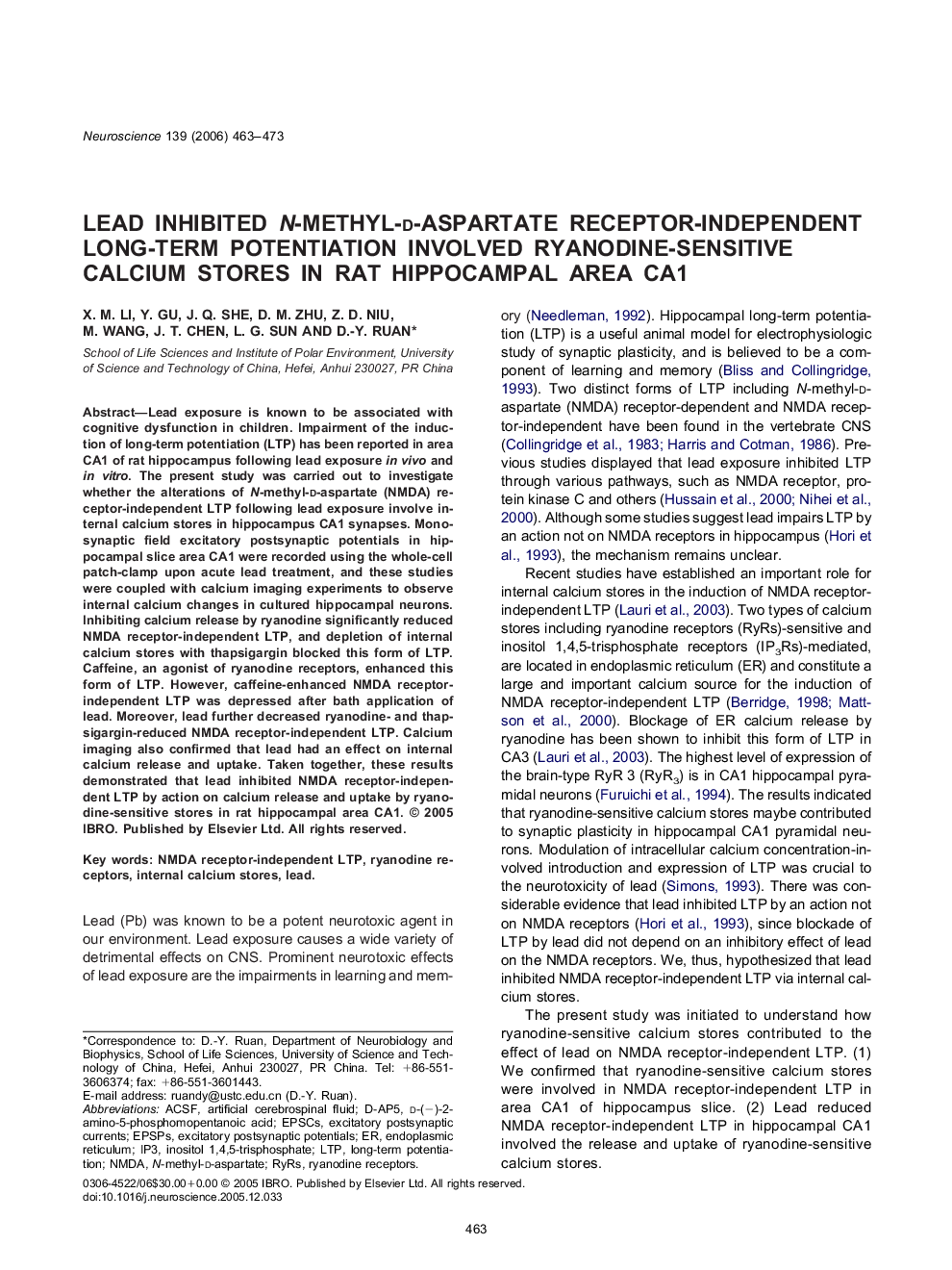 Lead inhibited N-methyl-d-aspartate receptor-independent long-term potentiation involved ryanodine-sensitive calcium stores in rat hippocampal area CA1