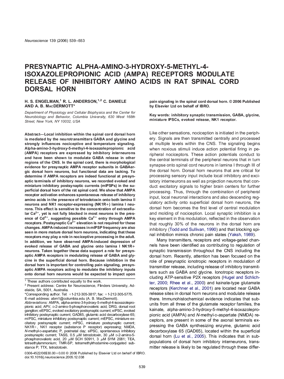 Presynaptic alpha-amino-3-hydroxy-5-methyl-4-isoxazolepropionic acid (AMPA) receptors modulate release of inhibitory amino acids in rat spinal cord dorsal horn