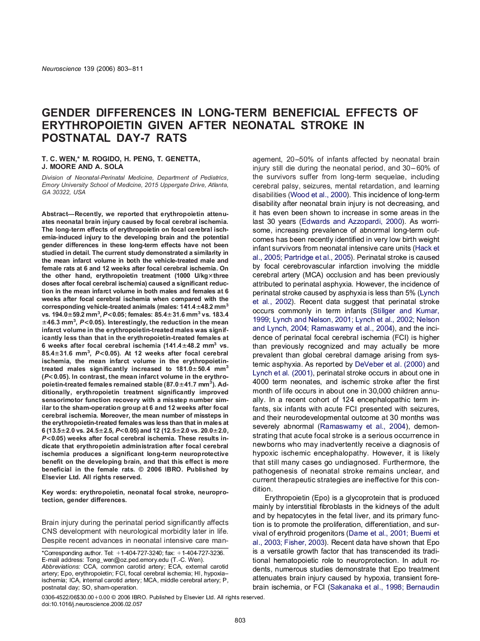 Gender differences in long-term beneficial effects of erythropoietin given after neonatal stroke in postnatal day-7 rats