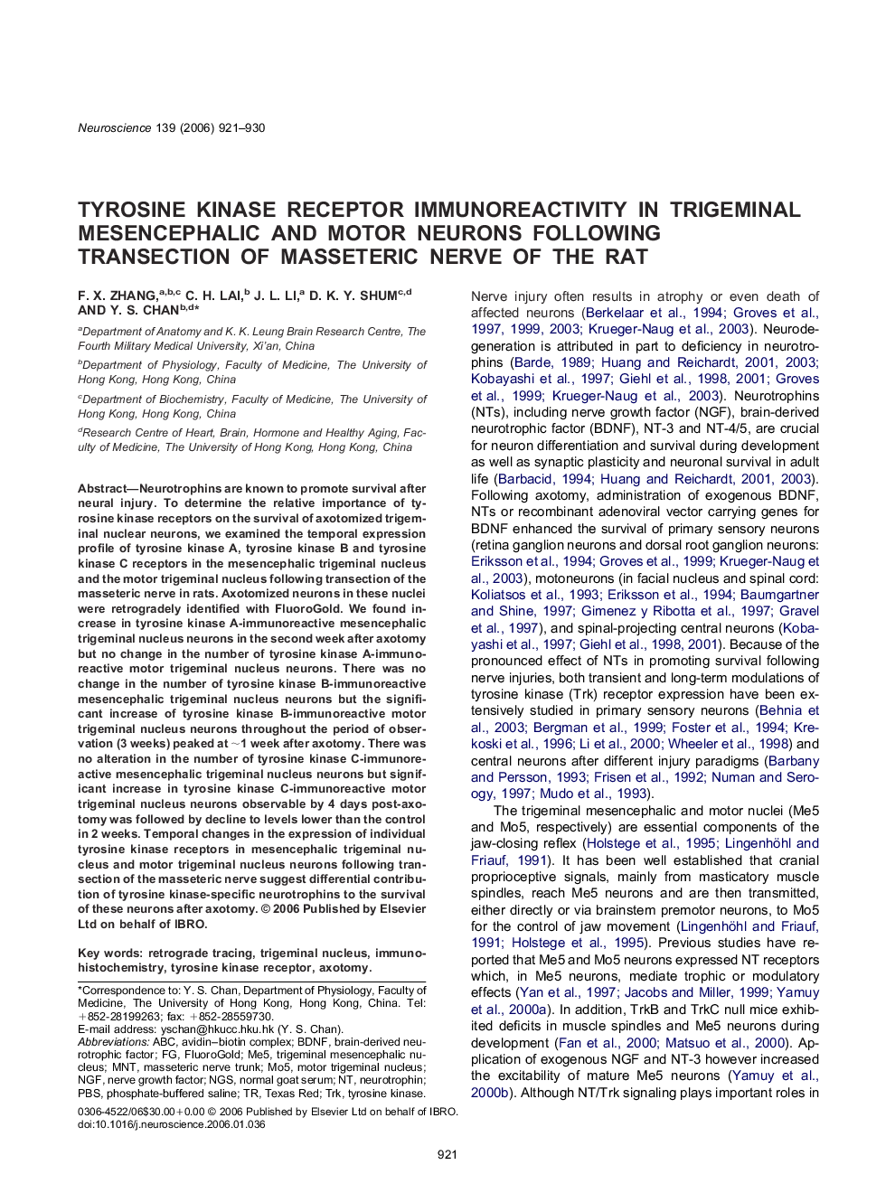 Tyrosine kinase receptor immunoreactivity in trigeminal mesencephalic and motor neurons following transection of masseteric nerve of the rat