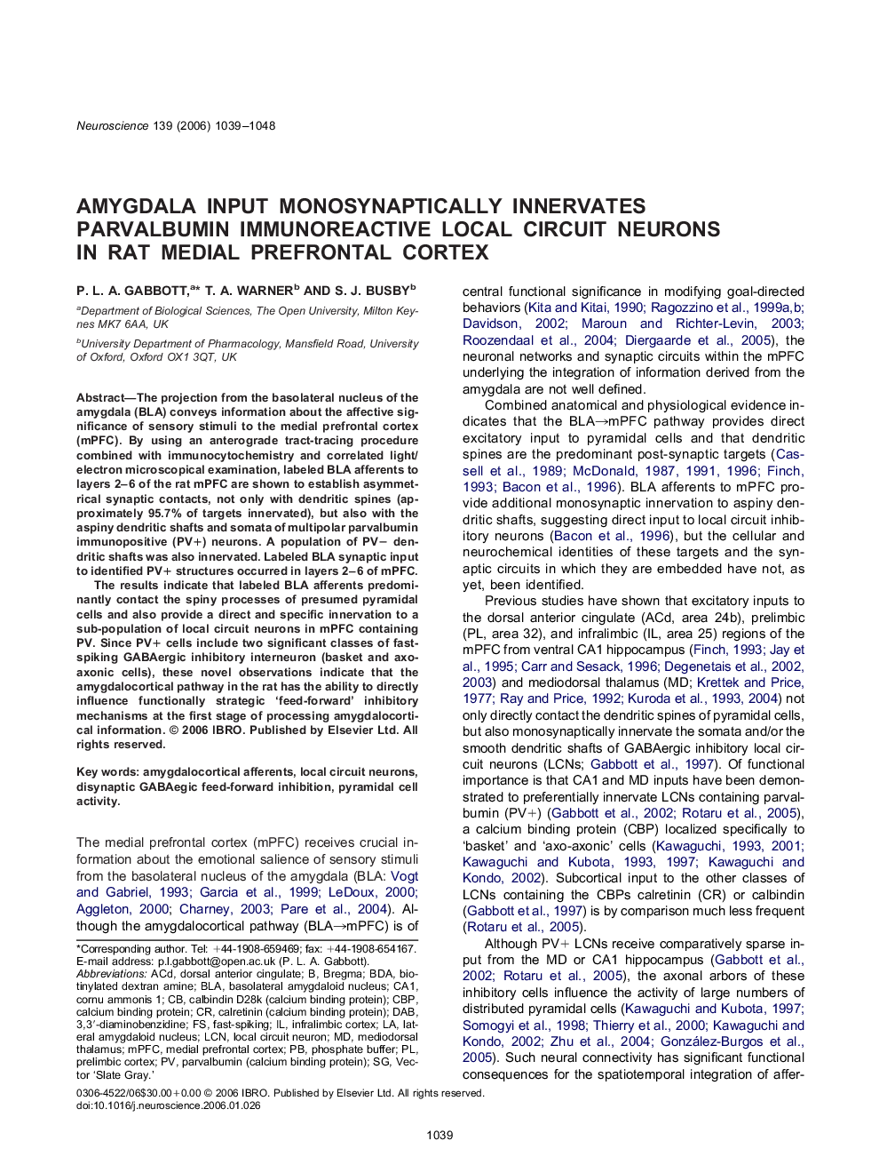 Amygdala input monosynaptically innervates parvalbumin immunoreactive local circuit neurons in rat medial prefrontal cortex