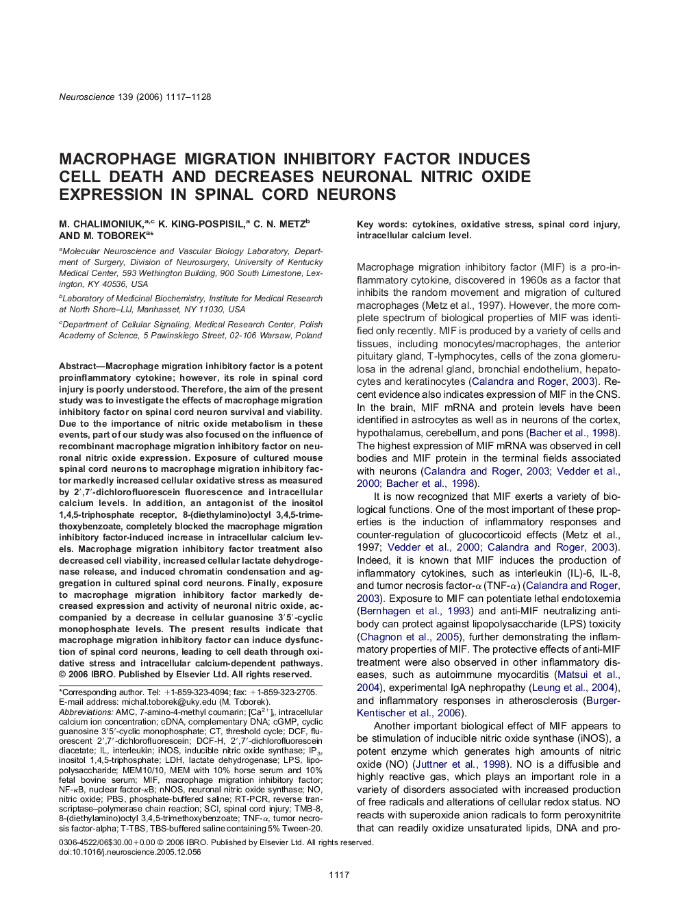 Macrophage migration inhibitory factor induces cell death and decreases neuronal nitric oxide expression in spinal cord neurons