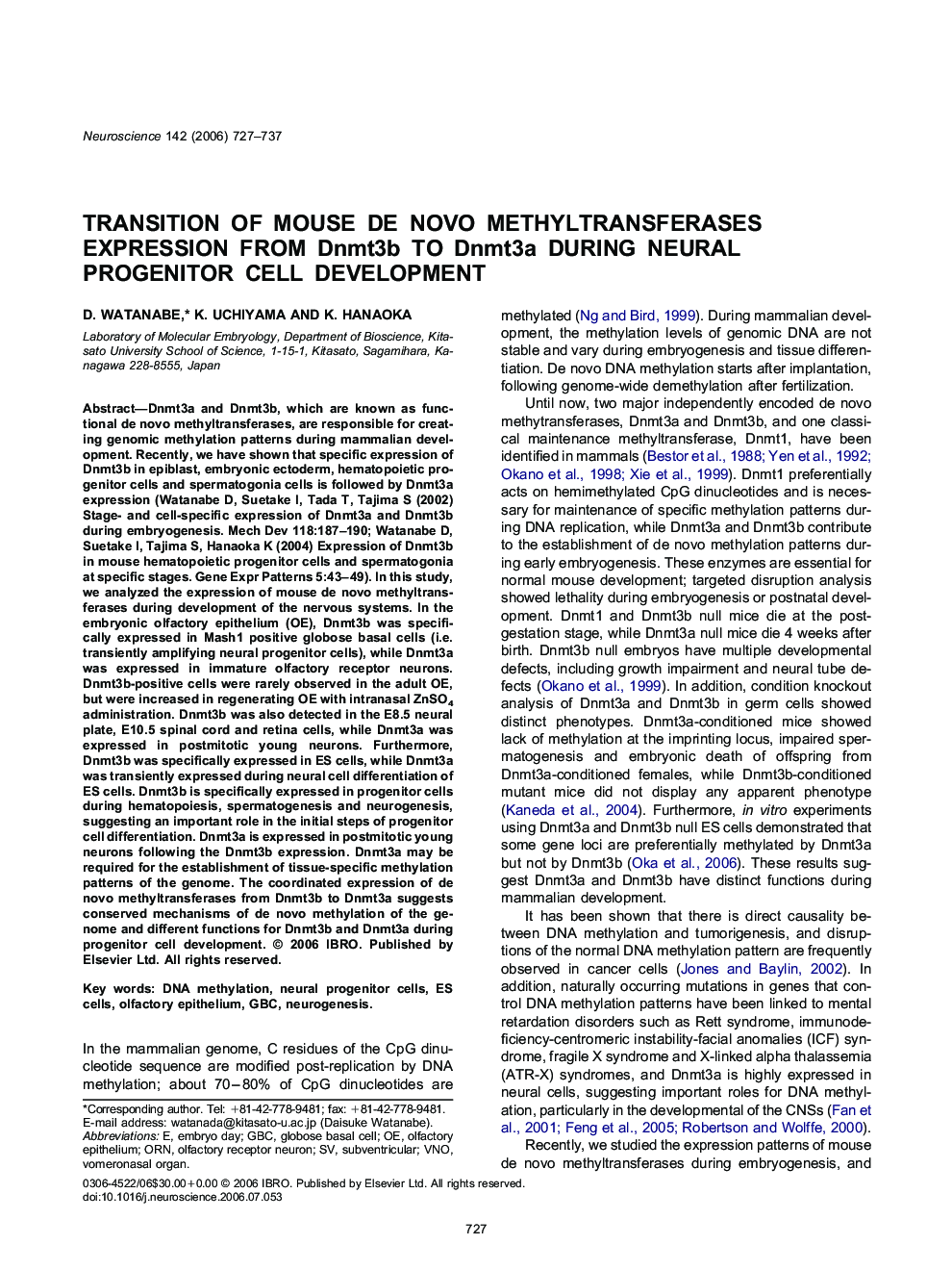 Transition of mouse de novo methyltransferases expression from Dnmt3b to Dnmt3a during neural progenitor cell development