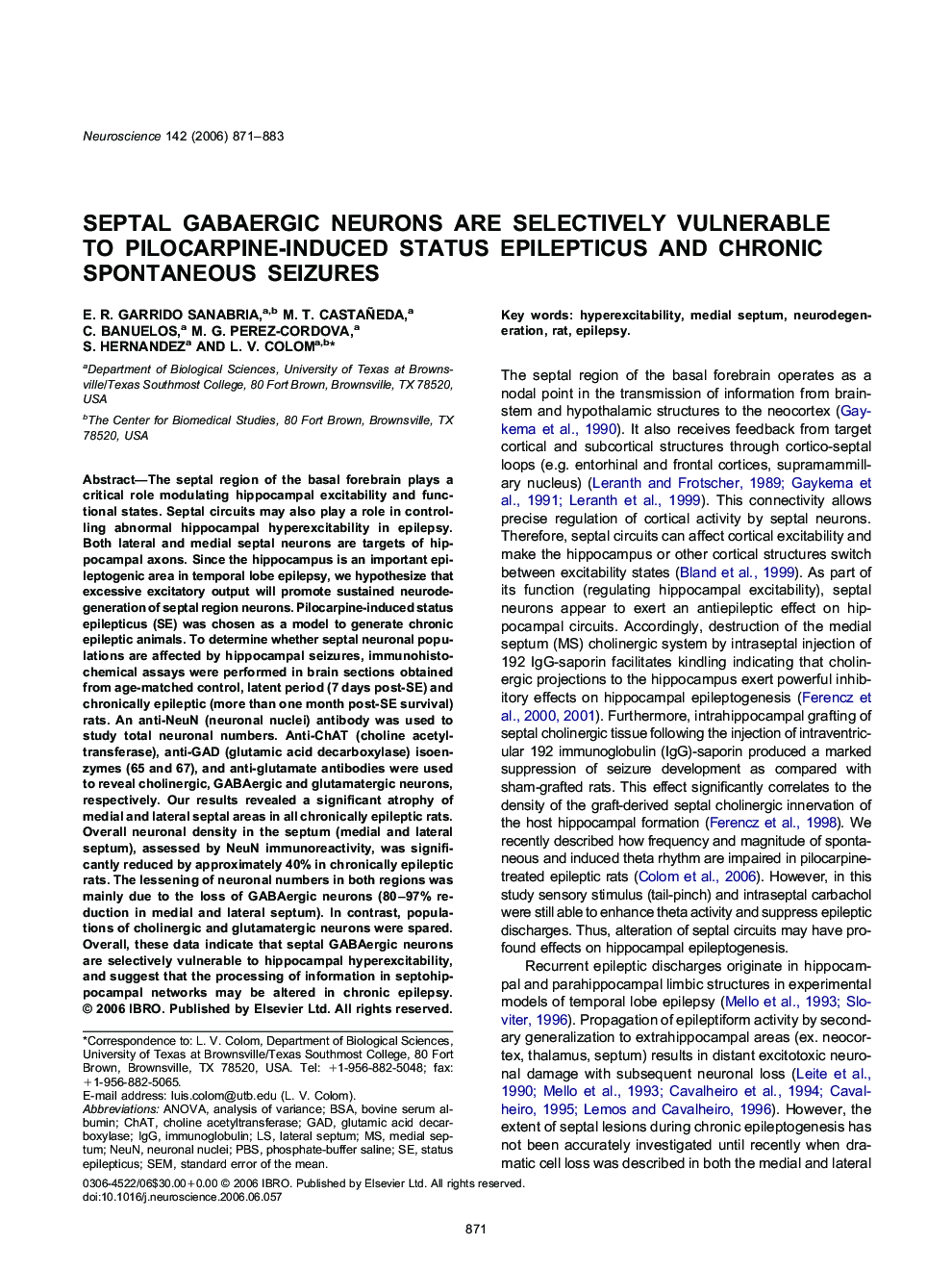 Septal GABAergic neurons are selectively vulnerable to pilocarpine-induced status epilepticus and chronic spontaneous seizures