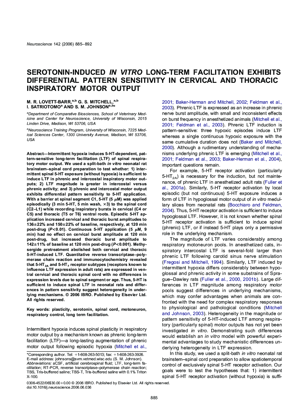 Serotonin-induced in vitro long-term facilitation exhibits differential pattern sensitivity in cervical and thoracic inspiratory motor output