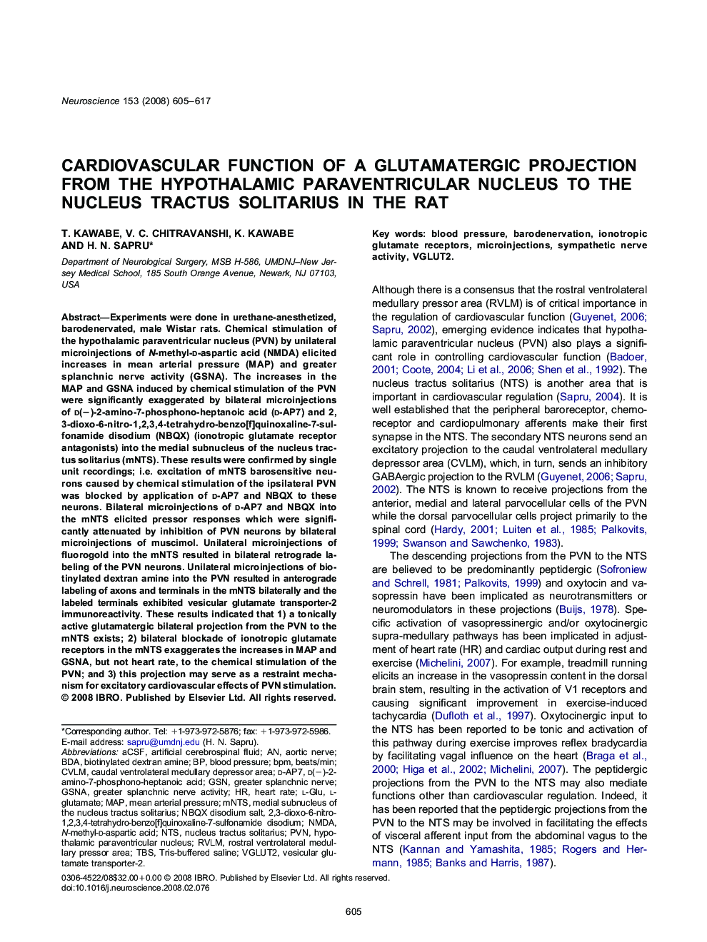 Cardiovascular function of a glutamatergic projection from the hypothalamic paraventricular nucleus to the nucleus tractus solitarius in the rat