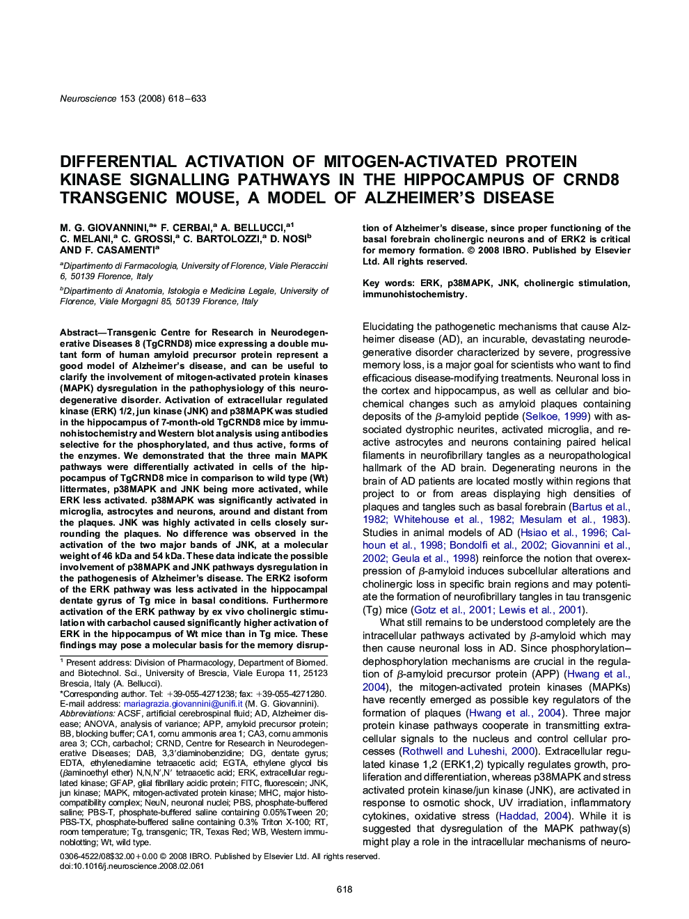 Differential activation of mitogen-activated protein kinase signalling pathways in the hippocampus of CRND8 transgenic mouse, a model of Alzheimer's disease