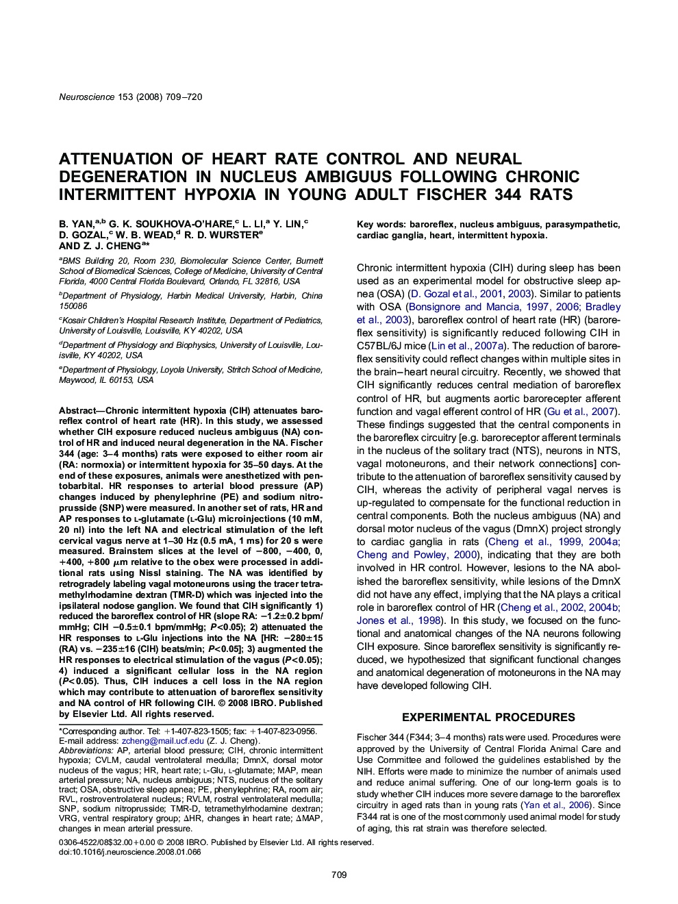 Attenuation of heart rate control and neural degeneration in nucleus ambiguus following chronic intermittent hypoxia in young adult Fischer 344 rats