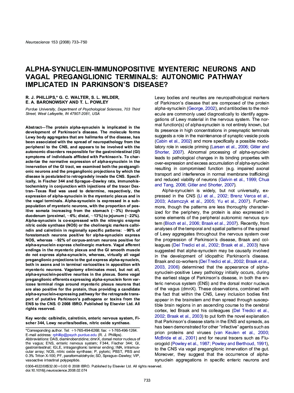 Alpha-synuclein-immunopositive myenteric neurons and vagal preganglionic terminals: Autonomic pathway implicated in Parkinson's disease?