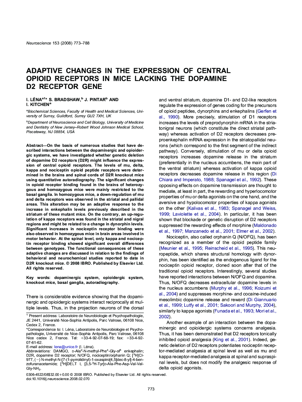 Adaptive changes in the expression of central opioid receptors in mice lacking the dopamine D2 receptor gene