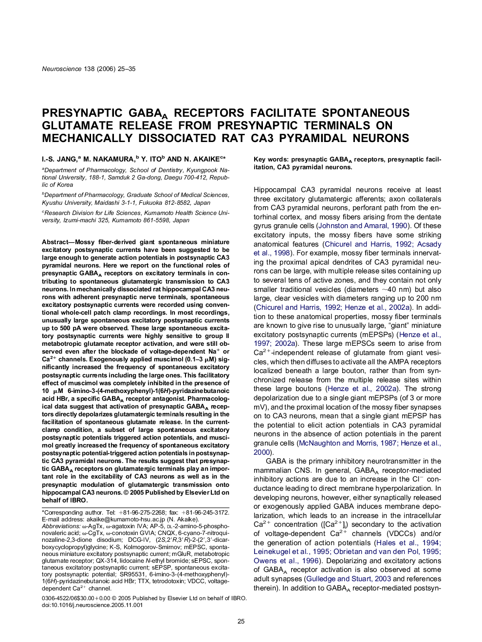 Presynaptic GABAA receptors facilitate spontaneous glutamate release from presynaptic terminals on mechanically dissociated rat CA3 pyramidal neurons