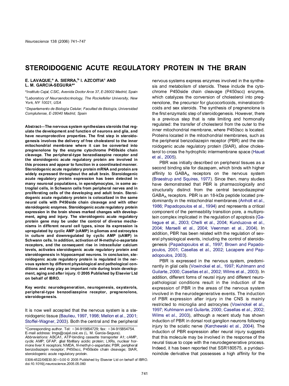 Steroidogenic acute regulatory protein in the brain