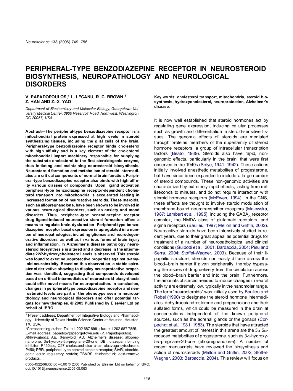 Peripheral-type benzodiazepine receptor in neurosteroid biosynthesis, neuropathology and neurological disorders