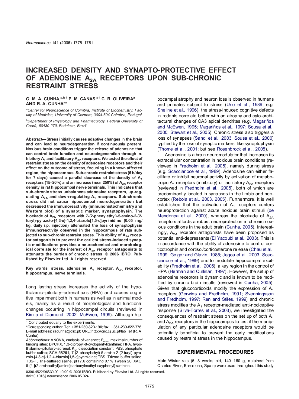 Increased density and synapto-protective effect of adenosine A2A receptors upon sub-chronic restraint stress