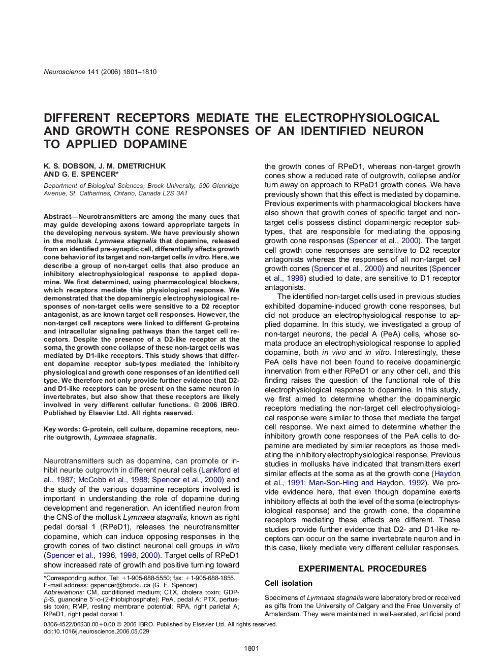 Different receptors mediate the electrophysiological and growth cone responses of an identified neuron to applied dopamine