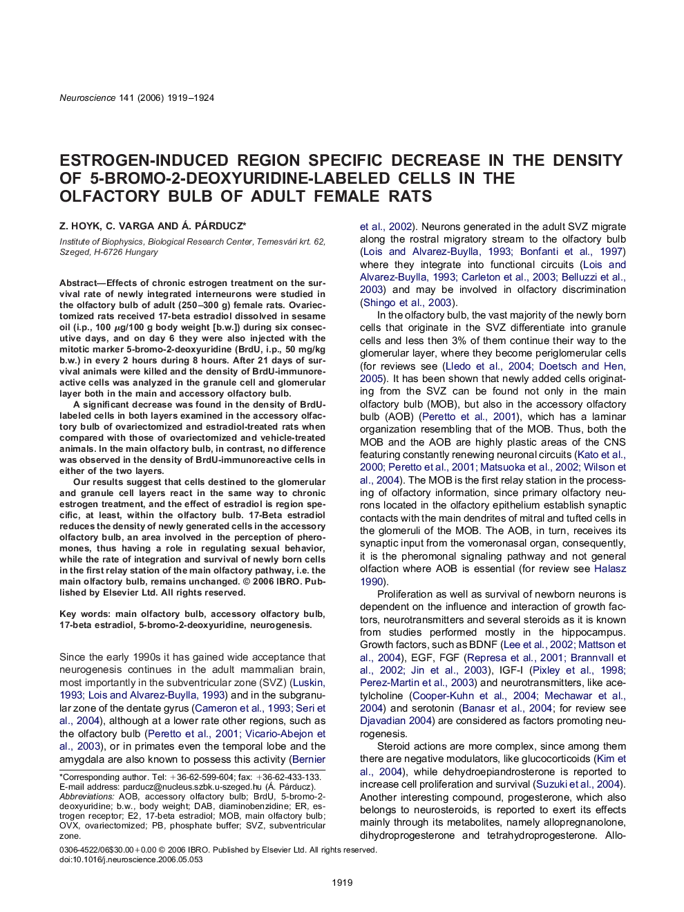 Estrogen-induced region specific decrease in the density of 5-bromo-2-deoxyuridine-labeled cells in the olfactory bulb of adult female rats