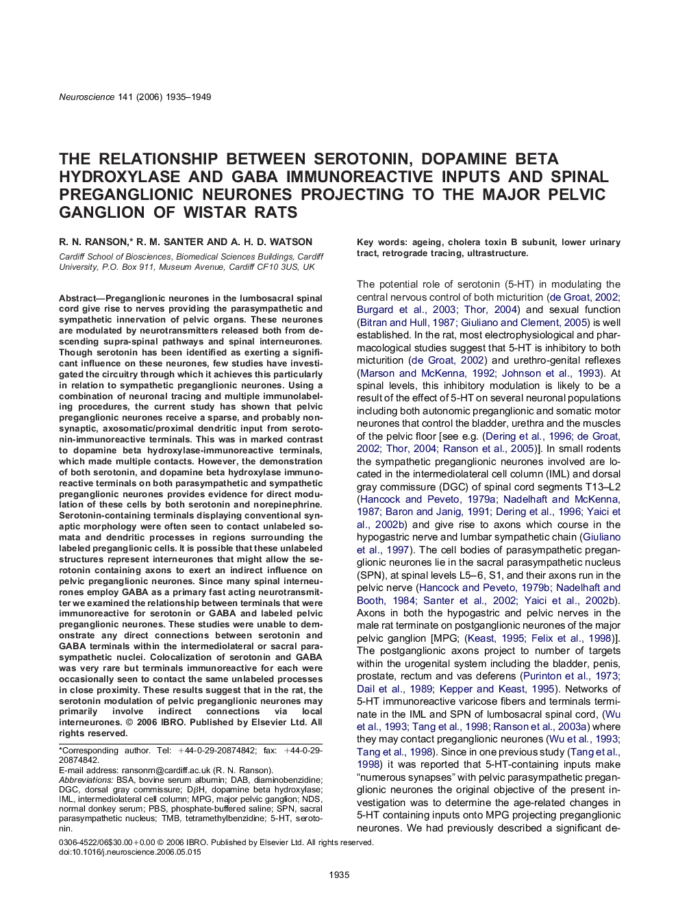 The relationship between serotonin, dopamine beta hydroxylase and GABA immunoreactive inputs and spinal preganglionic neurones projecting to the major pelvic ganglion of wistar rats