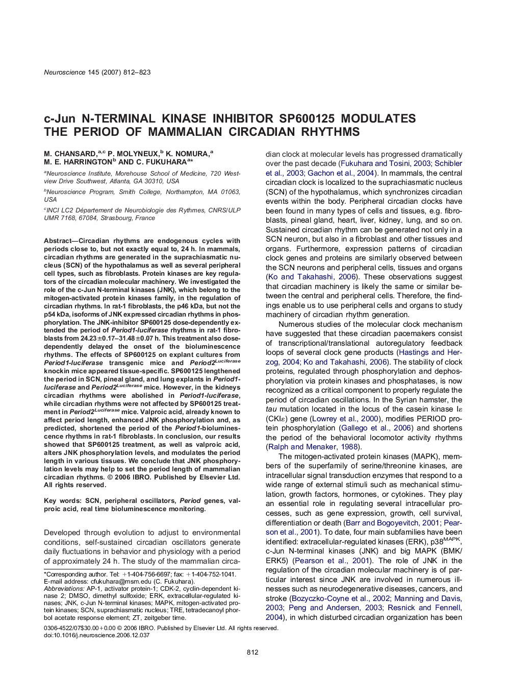 c-Jun N-terminal kinase inhibitor SP600125 modulates the period of mammalian circadian rhythms