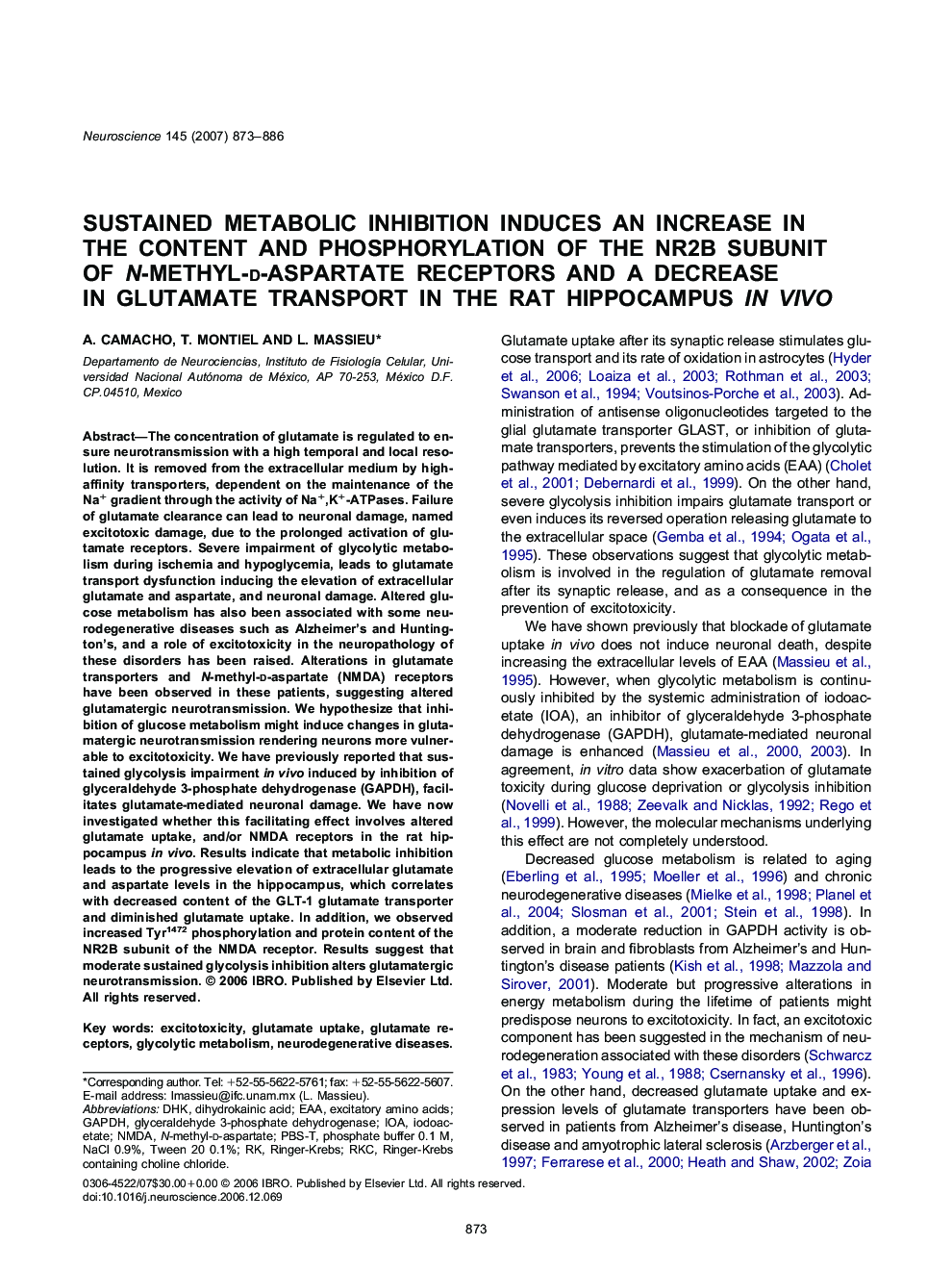 Sustained metabolic inhibition induces an increase in the content and phosphorylation of the NR2B subunit of N-methyl-d-aspartate receptors and a decrease in glutamate transport in the rat hippocampus in vivo