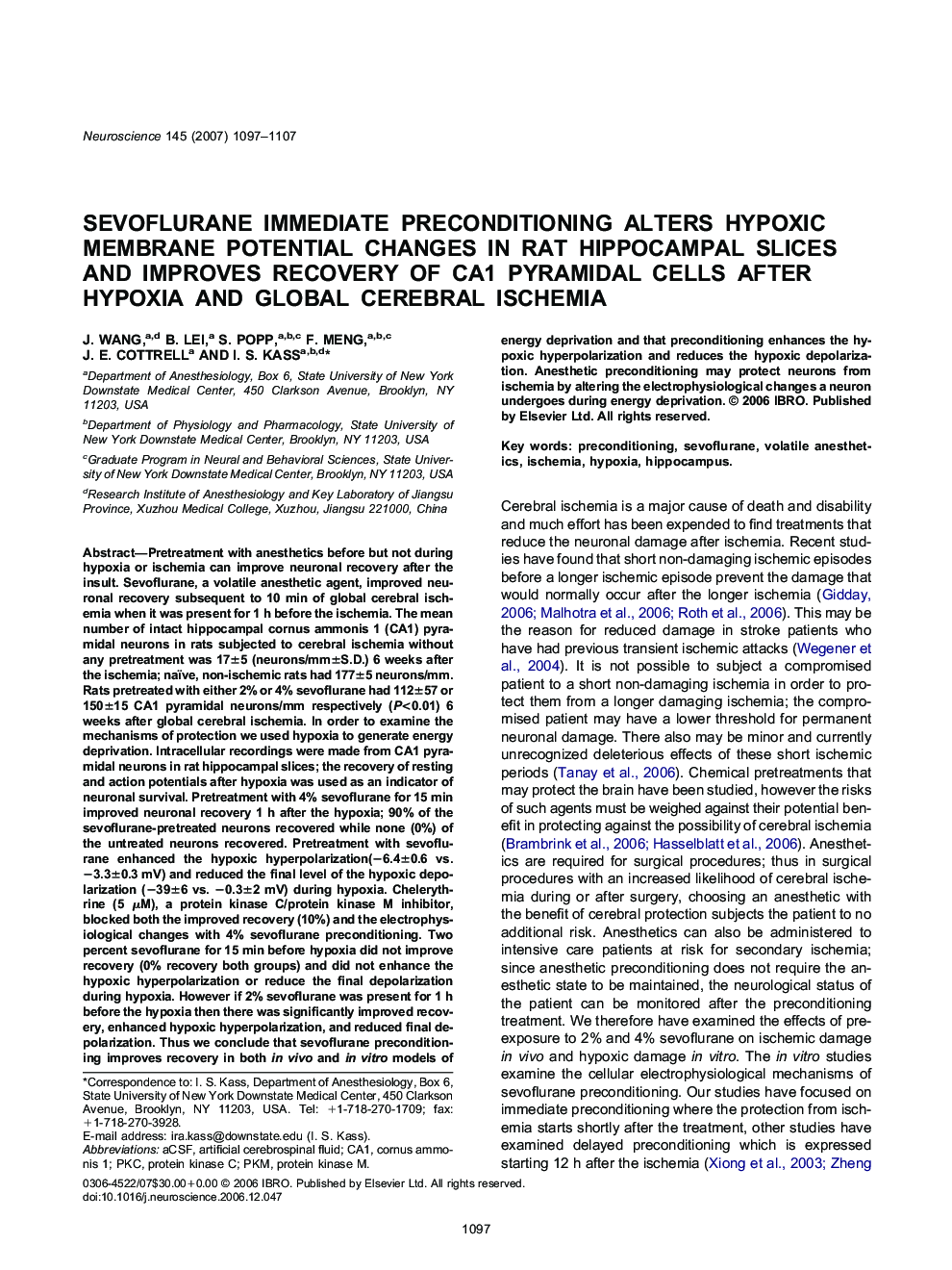 Sevoflurane immediate preconditioning alters hypoxic membrane potential changes in rat hippocampal slices and improves recovery of CA1 pyramidal cells after hypoxia and global cerebral ischemia