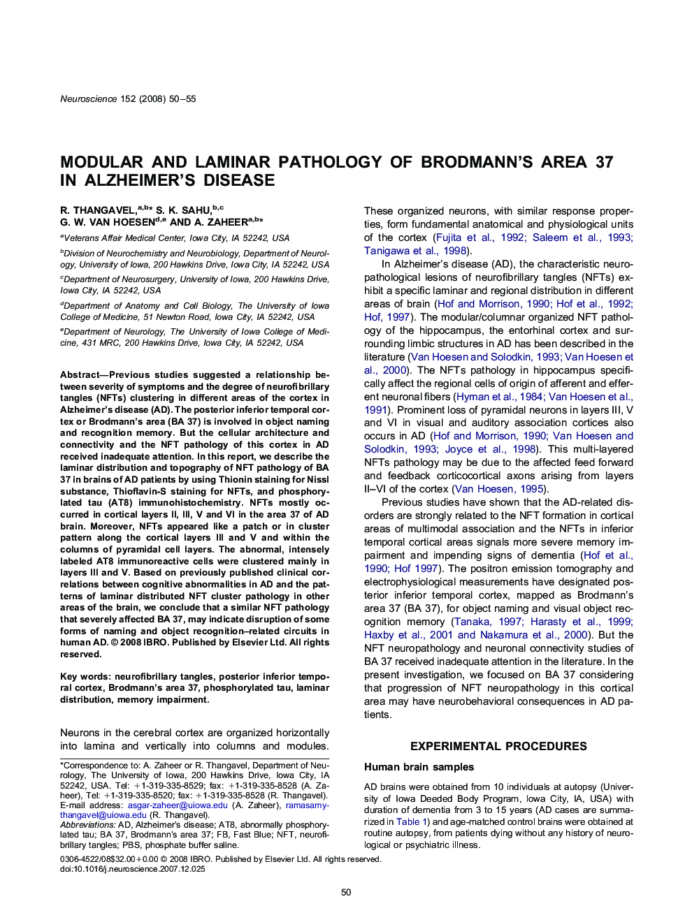 Modular and laminar pathology of Brodmann’s area 37 in Alzheimer’s disease