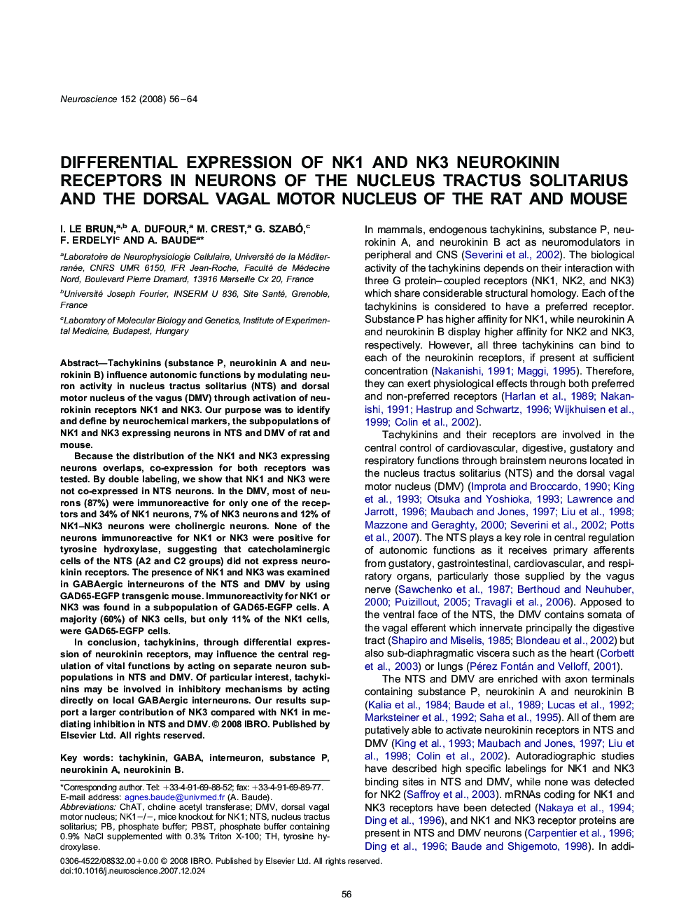 Differential expression of NK1 and NK3 neurokinin receptors in neurons of the nucleus tractus solitarius and the dorsal vagal motor nucleus of the rat and mouse