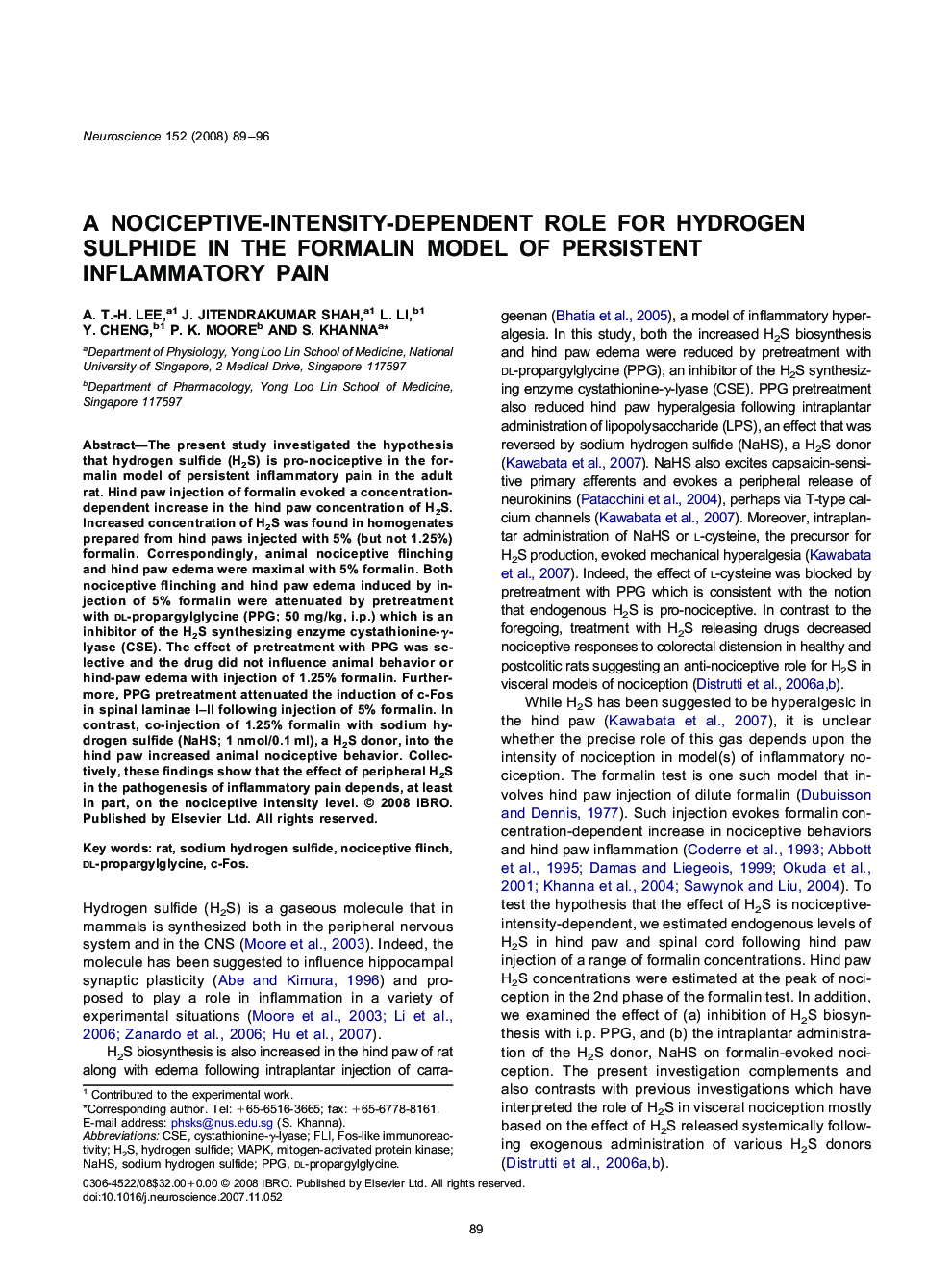 A nociceptive-intensity-dependent role for hydrogen sulphide in the formalin model of persistent inflammatory pain