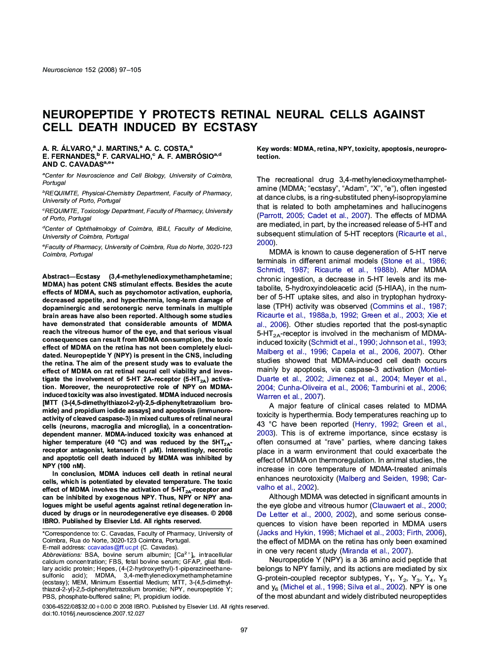 Neuropeptide Y protects retinal neural cells against cell death induced by ecstasy