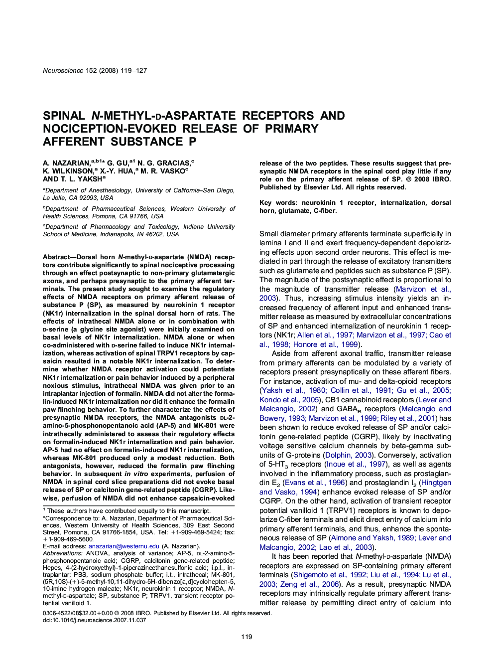 Spinal N-methyl-d-aspartate receptors and nociception-evoked release of primary afferent substance P