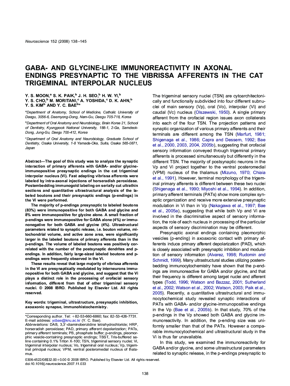 GABA- and glycine-like immunoreactivity in axonal endings presynaptic to the vibrissa afferents in the cat trigeminal interpolar nucleus