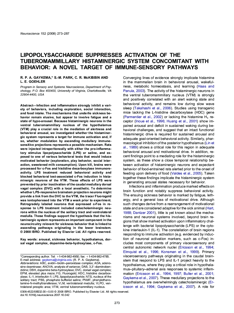 Lipopolysaccharide suppresses activation of the tuberomammillary histaminergic system concomitant with behavior: A novel target of immune-sensory pathways