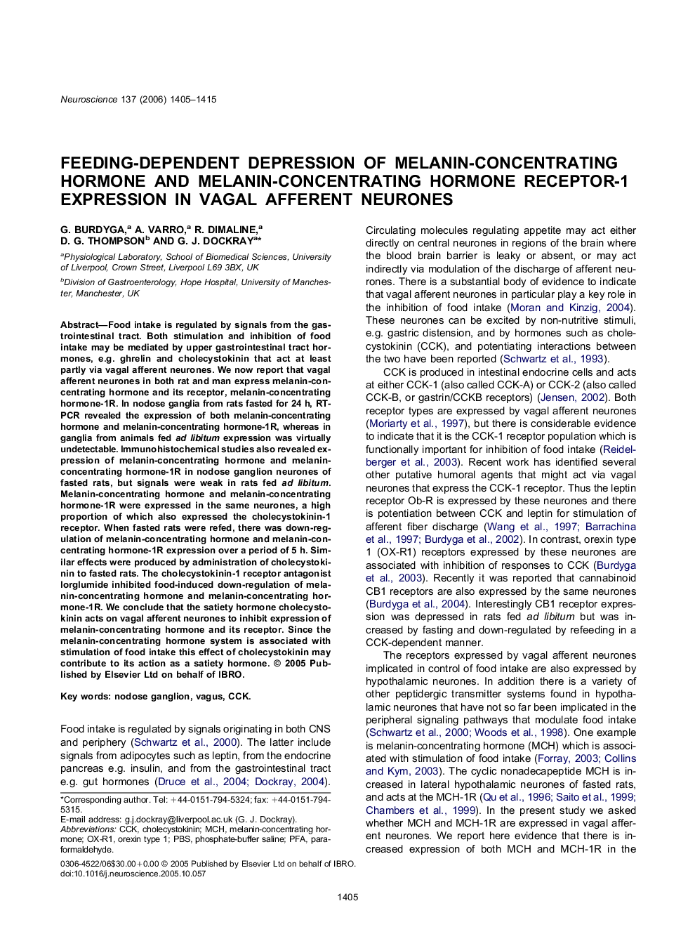 Feeding-dependent depression of melanin-concentrating hormone and melanin-concentrating hormone receptor-1 expression in vagal afferent neurones