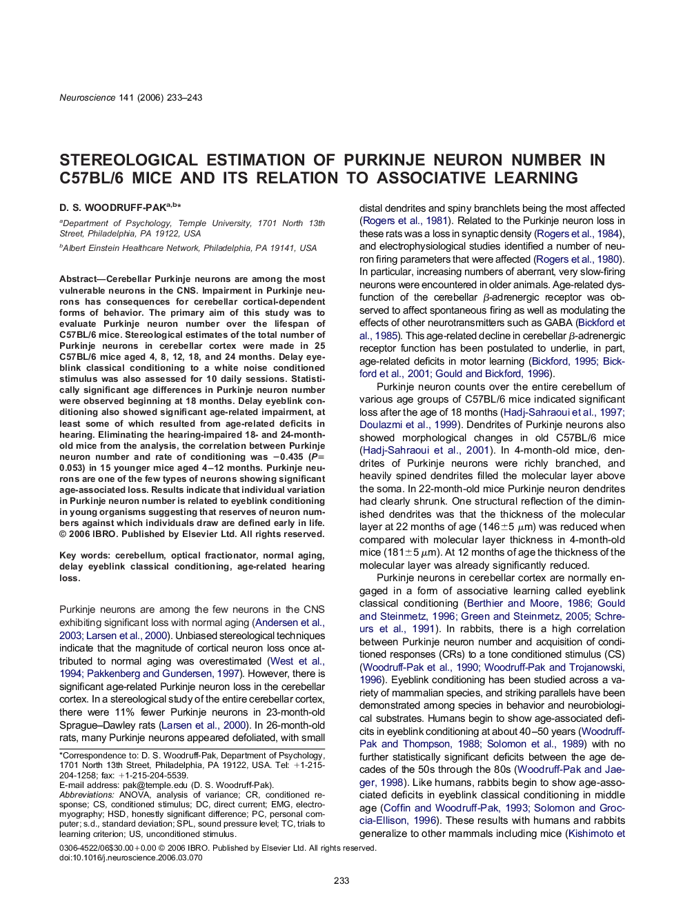 Stereological estimation of Purkinje neuron number in C57BL/6 mice and its relation to associative learning