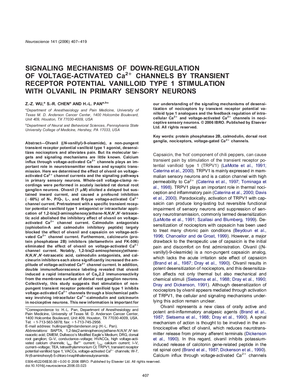 Signaling mechanisms of down-regulation of voltage-activated Ca2+ channels by transient receptor potential vanilloid type 1 stimulation with olvanil in primary sensory neurons