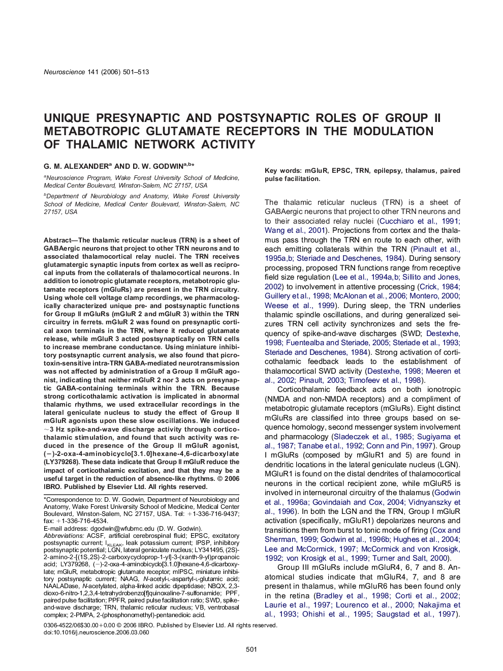 Unique presynaptic and postsynaptic roles of Group II metabotropic glutamate receptors in the modulation of thalamic network activity