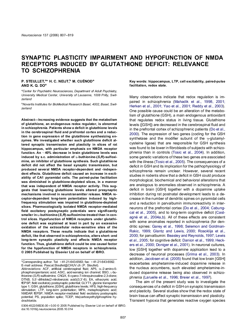 Synaptic plasticity impairment and hypofunction of NMDA receptors induced by glutathione deficit: Relevance to schizophrenia