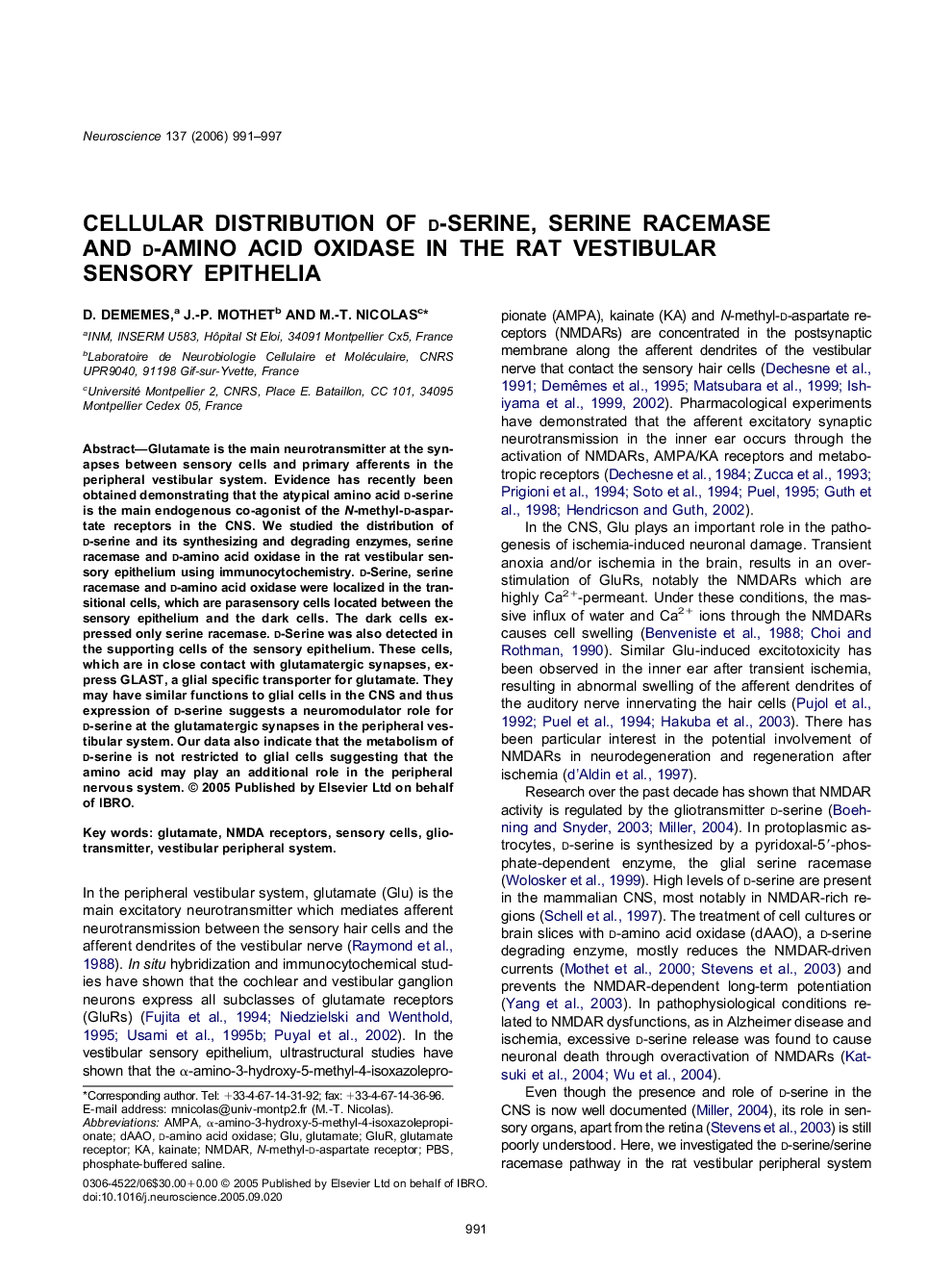 Cellular distribution of d-serine, serine racemase and d-amino acid oxidase in the rat vestibular sensory epithelia