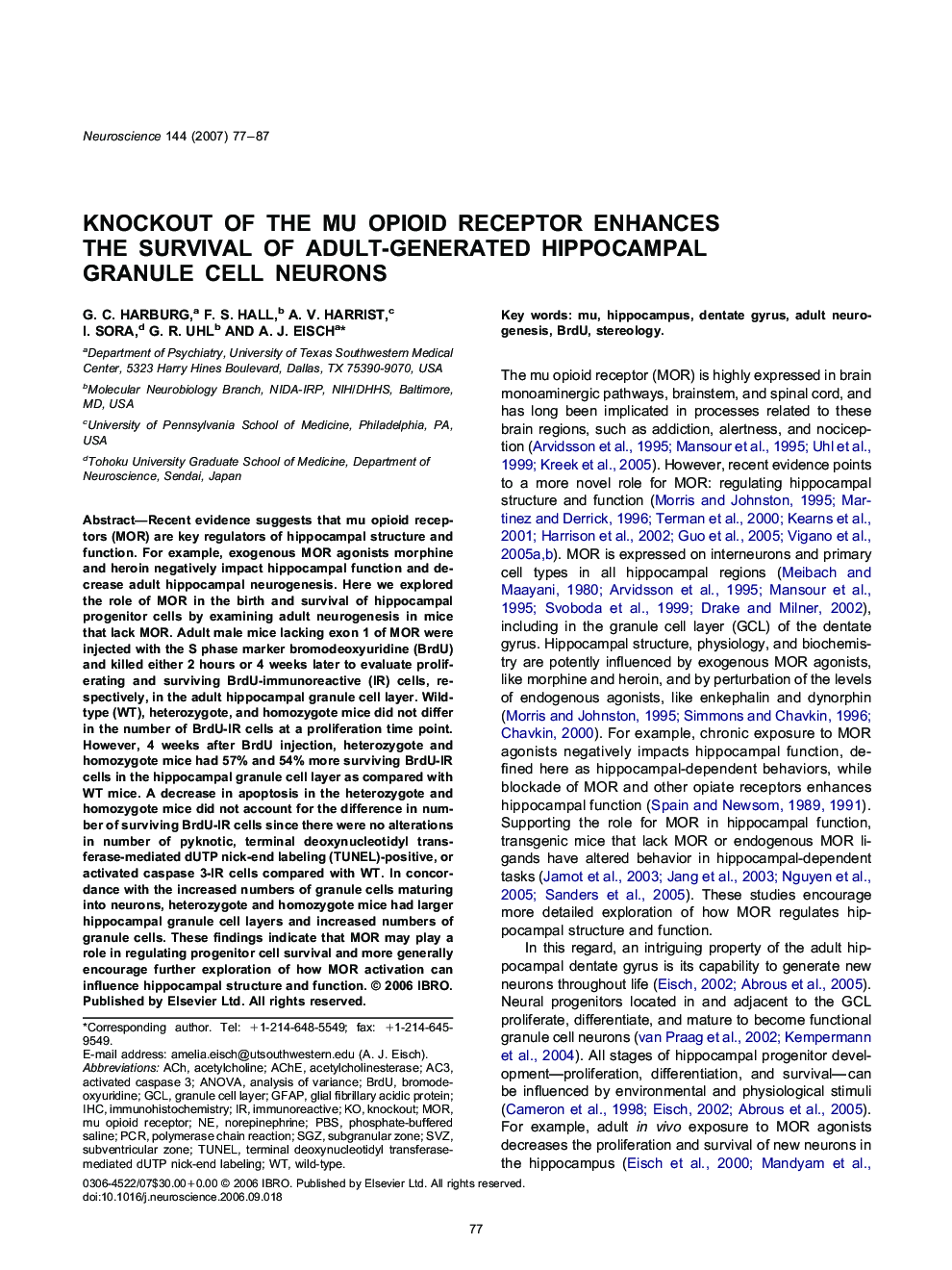 Knockout of the mu opioid receptor enhances the survival of adult-generated hippocampal granule cell neurons