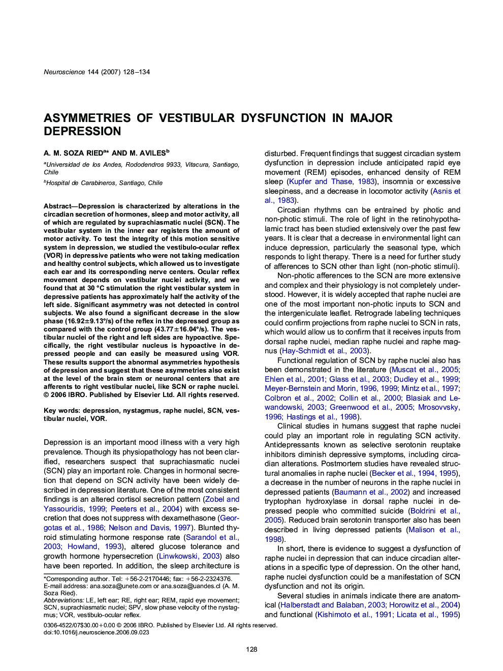 Asymmetries of vestibular dysfunction in major depression