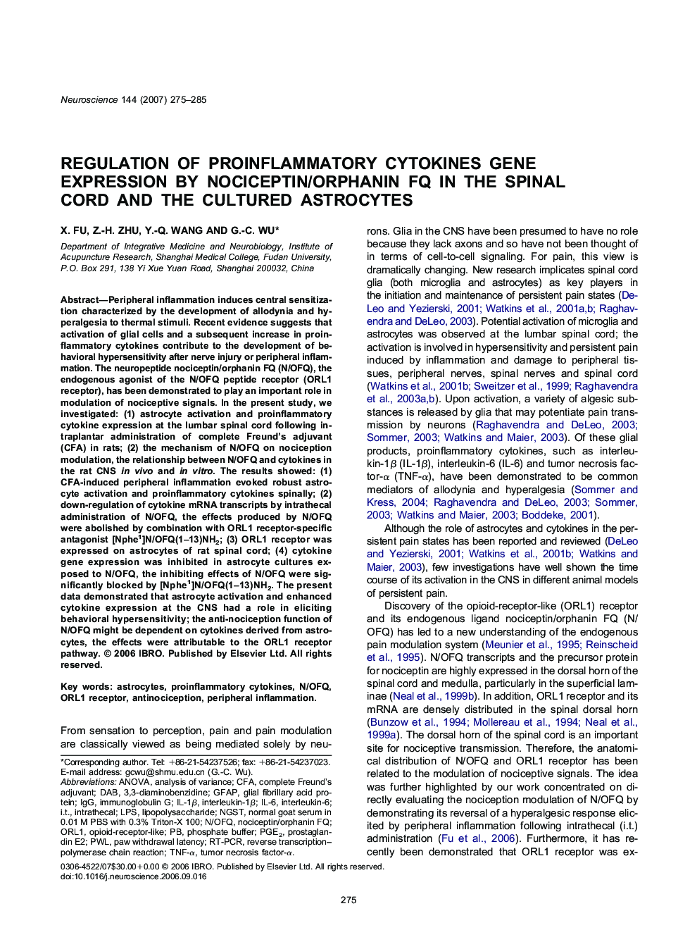 Regulation of proinflammatory cytokines gene expression by nociceptin/orphanin FQ in the spinal cord and the cultured astrocytes