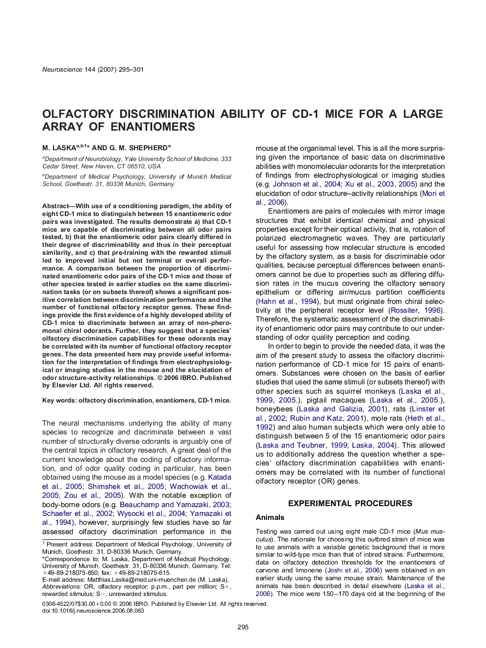 Olfactory discrimination ability of CD-1 mice for a large array of enantiomers