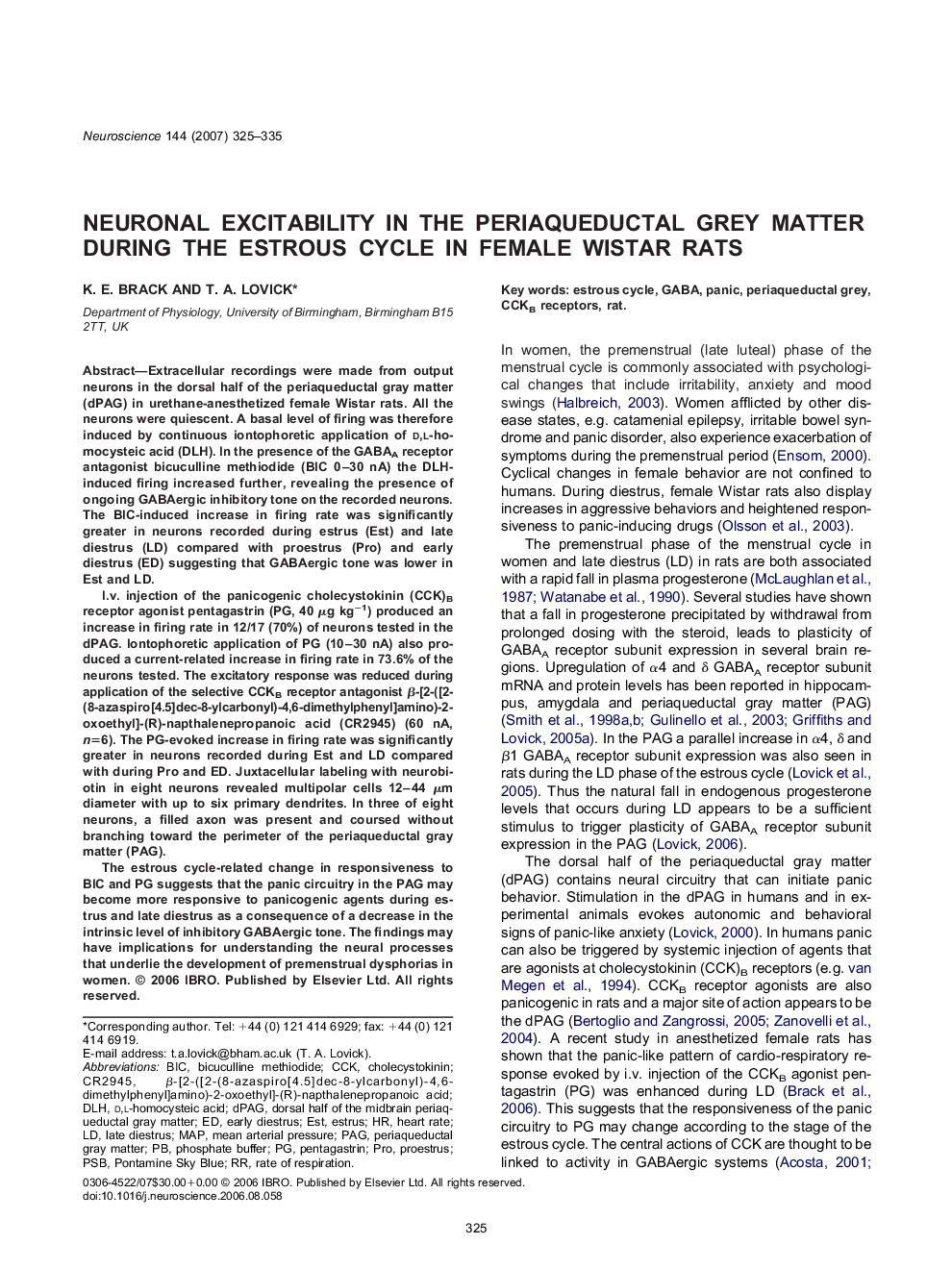 Neuronal excitability in the periaqueductal grey matter during the estrous cycle in female Wistar rats