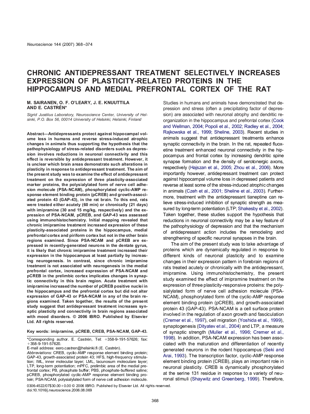 Chronic antidepressant treatment selectively increases expression of plasticity-related proteins in the hippocampus and medial prefrontal cortex of the rat