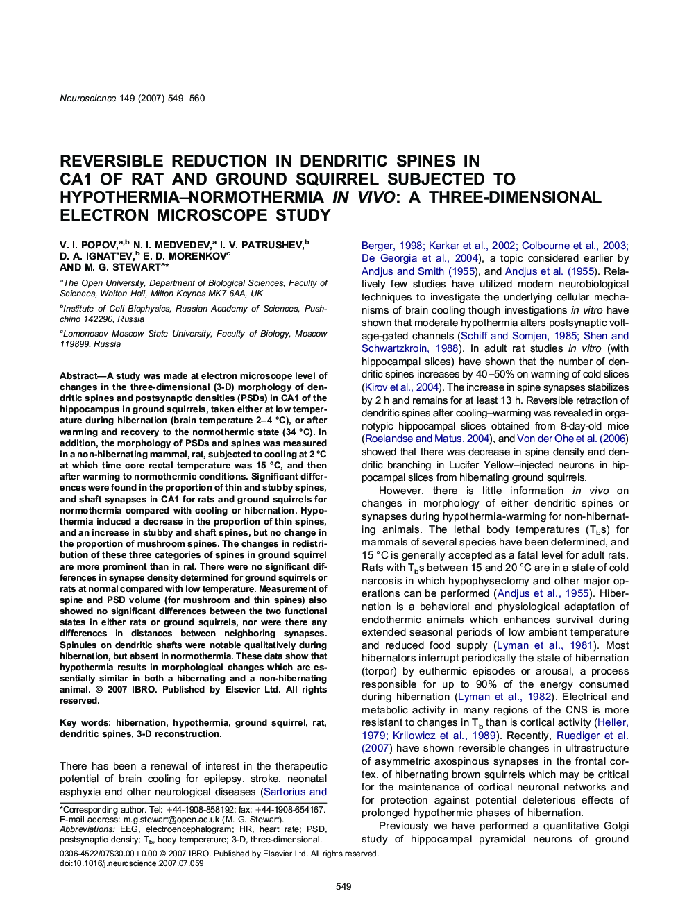 Reversible reduction in dendritic spines in CA1 of rat and ground squirrel subjected to hypothermia–normothermia in vivo: A three-dimensional electron microscope study