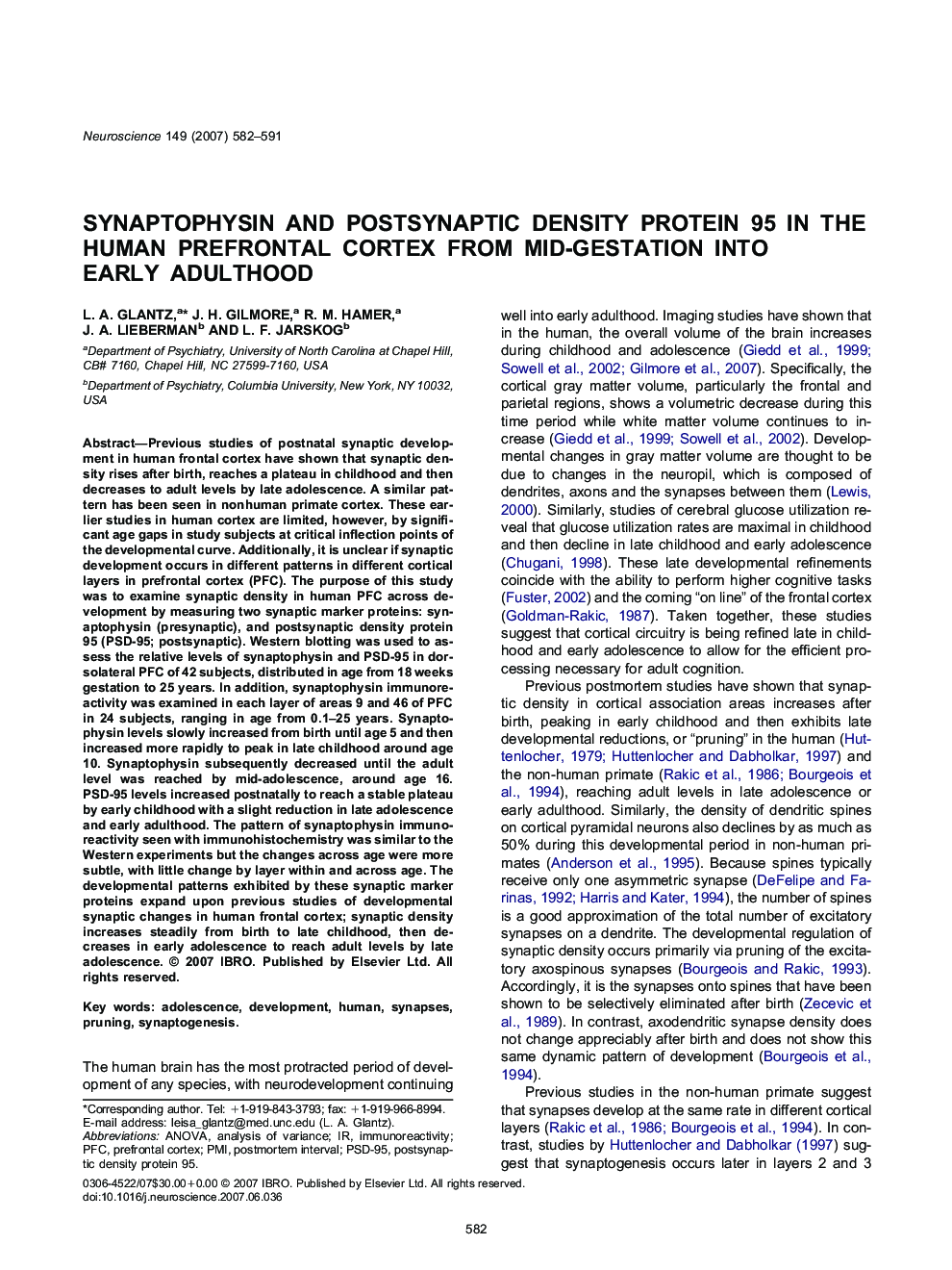 Synaptophysin and postsynaptic density protein 95 in the human prefrontal cortex from mid-gestation into early adulthood