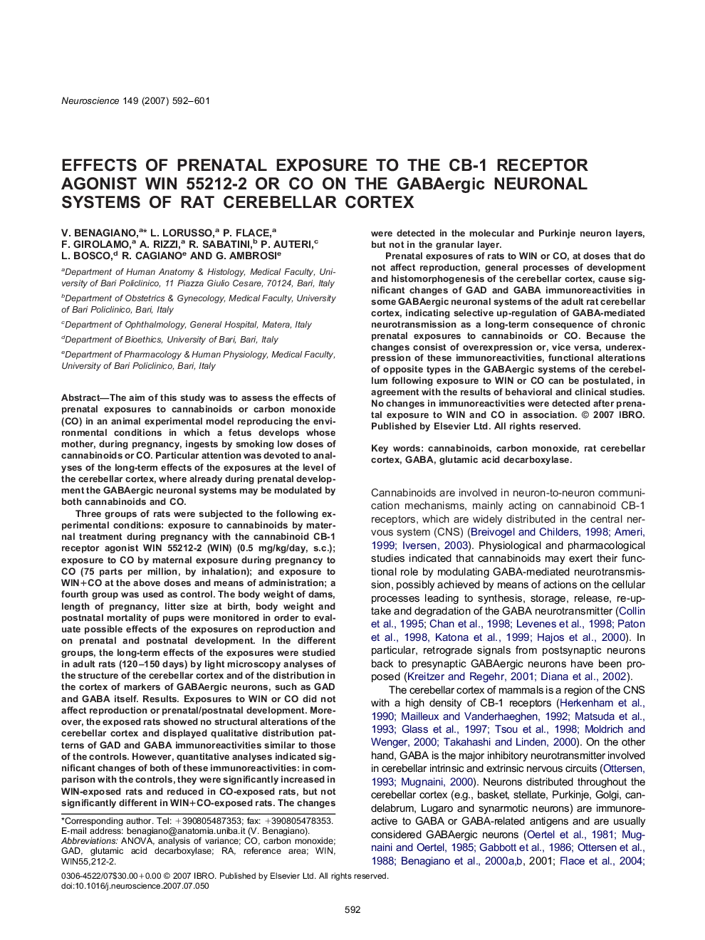 Effects of prenatal exposure to the CB-1 receptor agonist WIN 55212-2 or CO on the GABAergic neuronal systems of rat cerebellar cortex