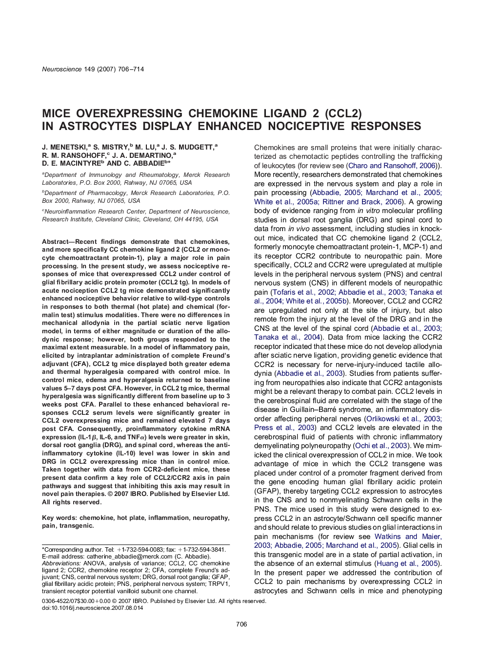 Mice overexpressing chemokine ligand 2 (CCL2) in astrocytes display enhanced nociceptive responses