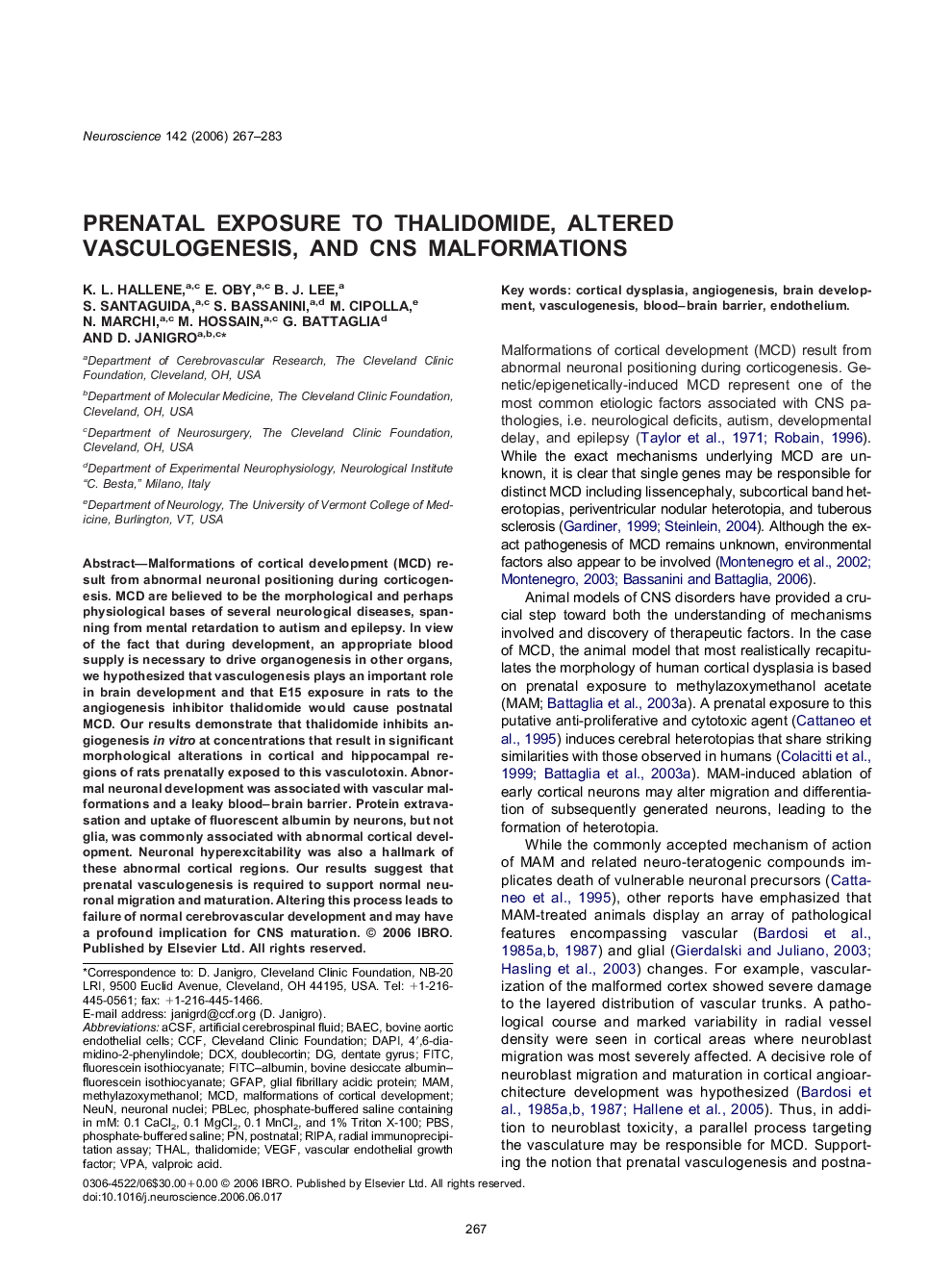 Prenatal exposure to thalidomide, altered vasculogenesis, and CNS malformations