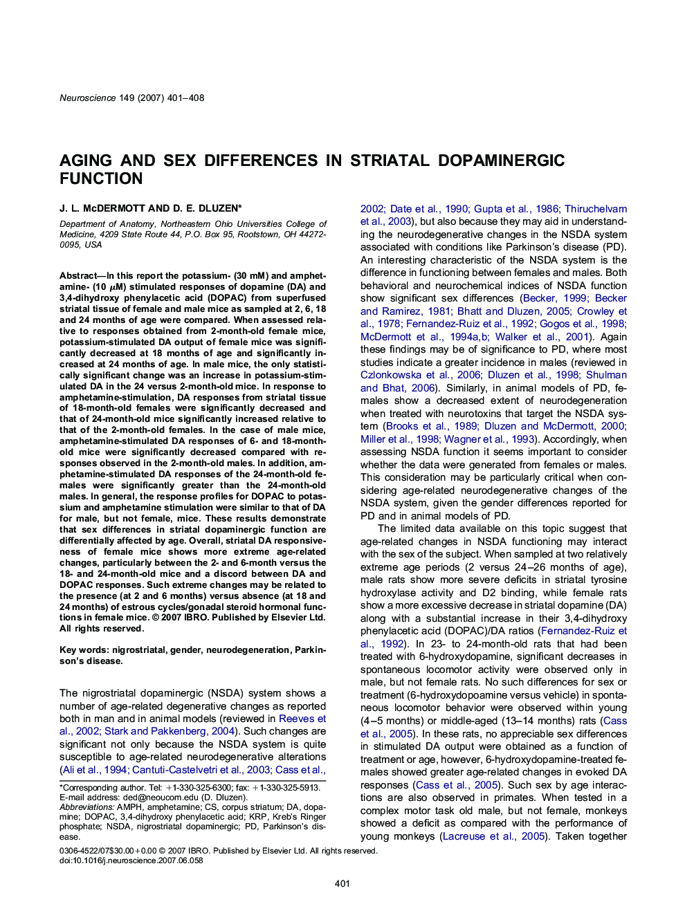 Aging and sex differences in striatal dopaminergic function